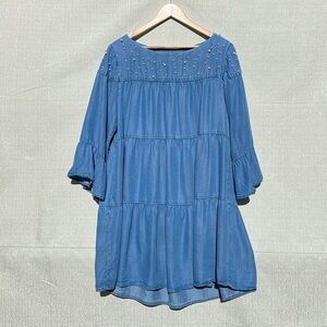 Chelsea & Theadore Chambray Pearls Tiered Dress LT Blue Size XL